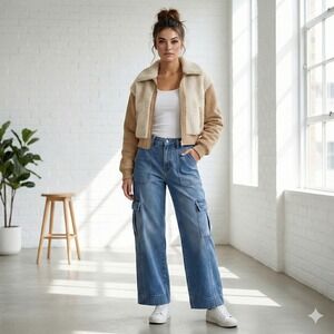 Wild Fable Womens High Rise Wide Leg Cargo‎ Jeans Size 4R Light Wash Denim Y2K